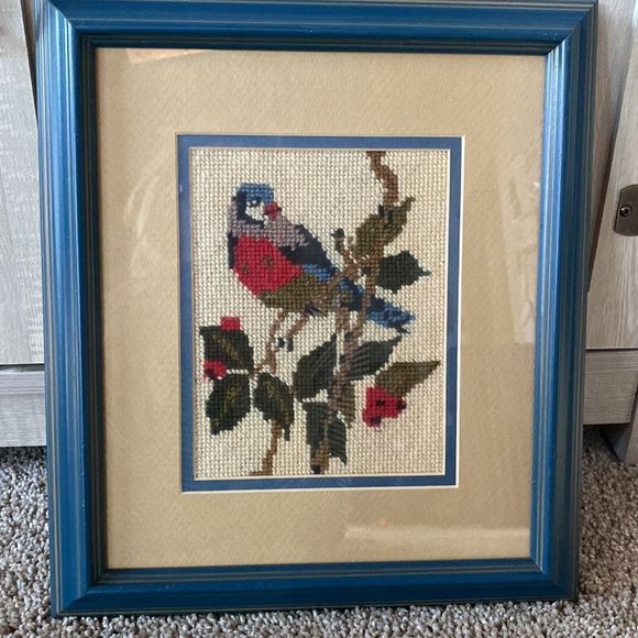 Vintage Handmade Needlepoint Bird on a Branch -Framed - Picture 2 of 14